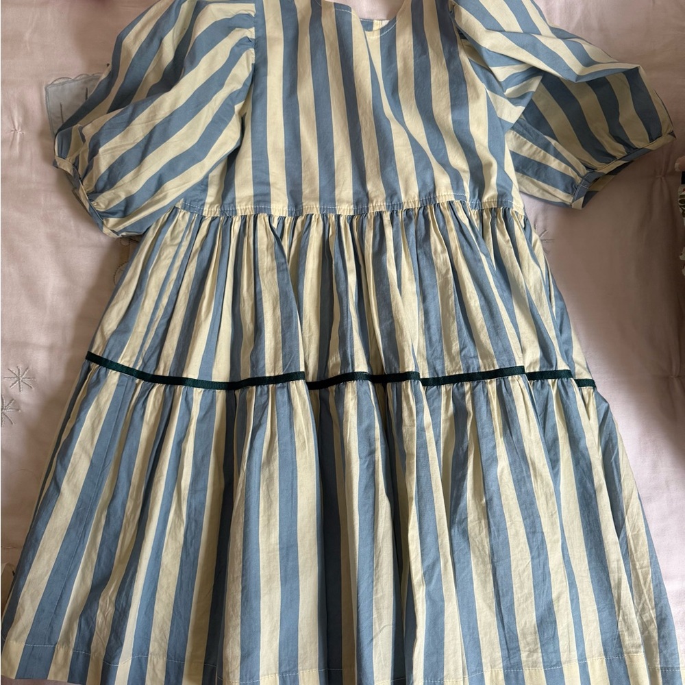 Pink Chicken Striped Blue and Cream Kids Dress